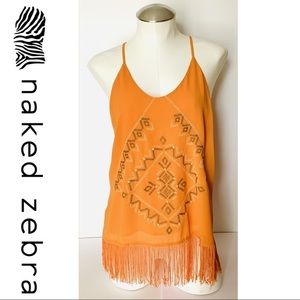 Orange Fringed Boho Embroidered Racerback Tank Top